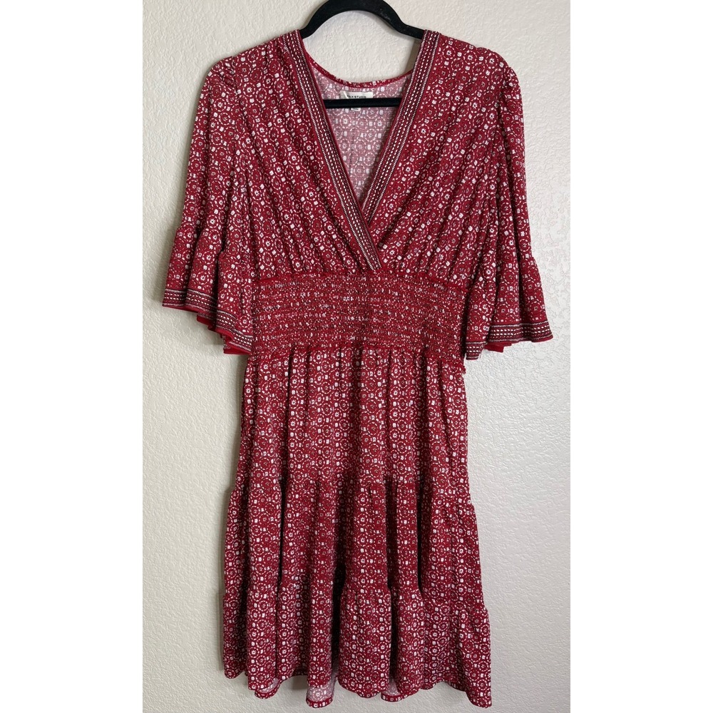 Max Studio Womens L Red White Floral Smocked Waist Tiered Flutter Sleeve Dress